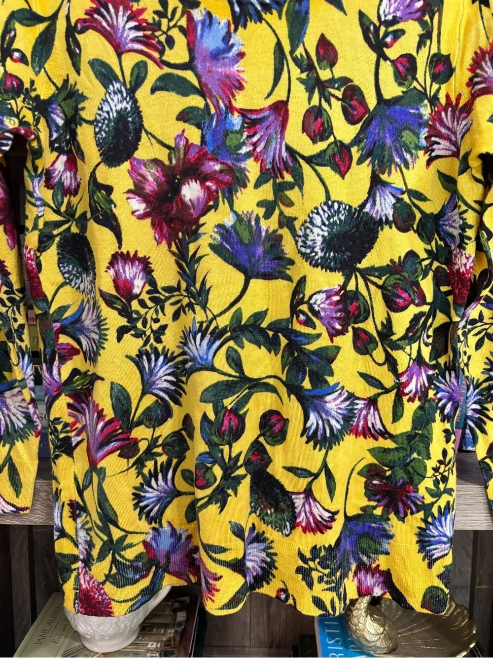 J. Crew Yellow Floral Wool Crewneck Sweater, Size S